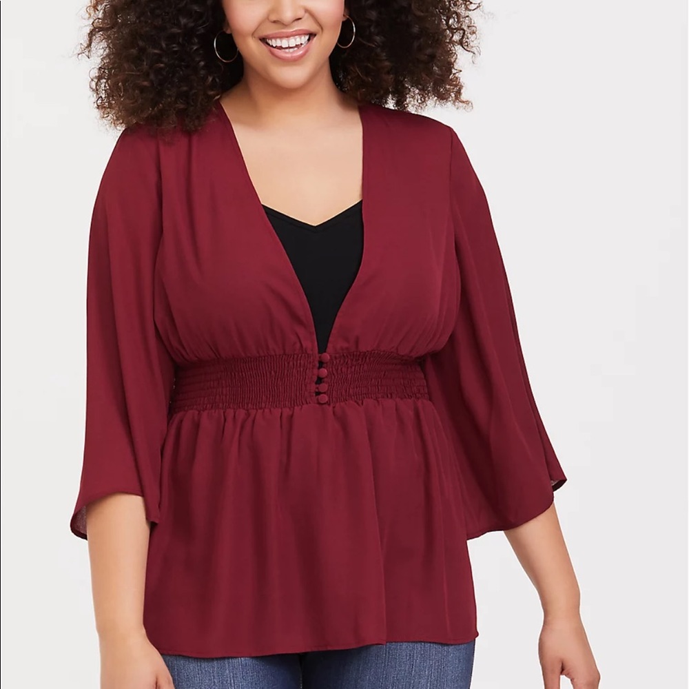 Button Front Smocked Babydoll Blouse